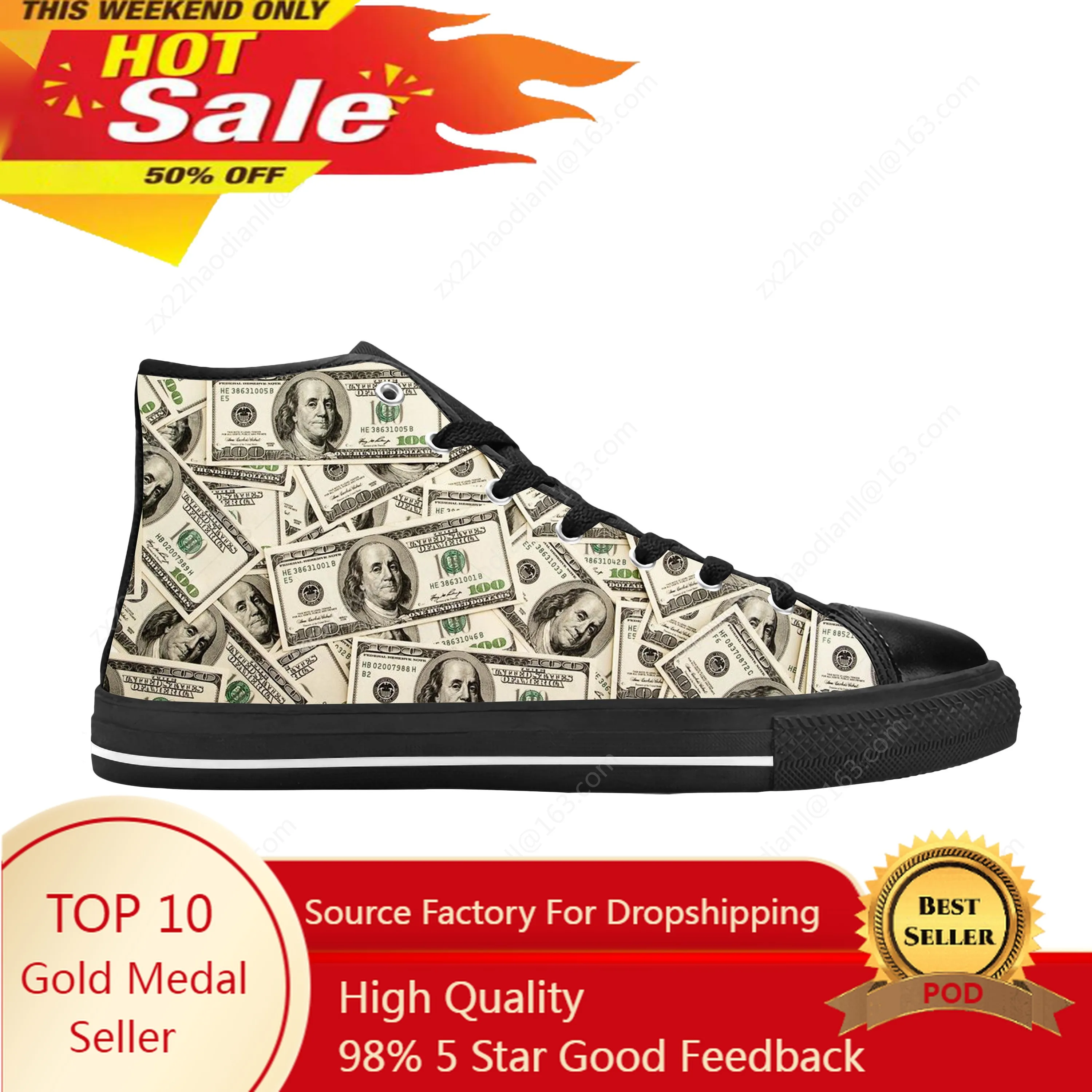 

Gothic Dollar Bills Dollars Money Pattern Fashion Casual Cloth Shoes High Top Comfortable Breathable 3D Print Men Women Sneakers