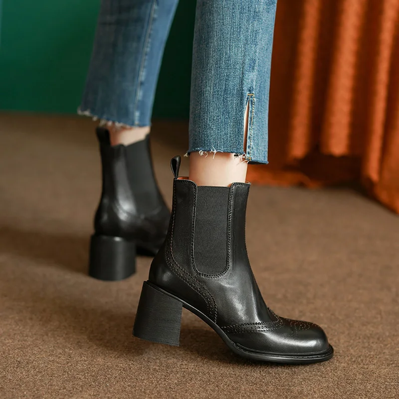 Modern Ladies Shoes Chelsea Boots Women Classic Style Warm Winter Boots Concise Cowhide Boots For Autumn Spring Thick High Heel