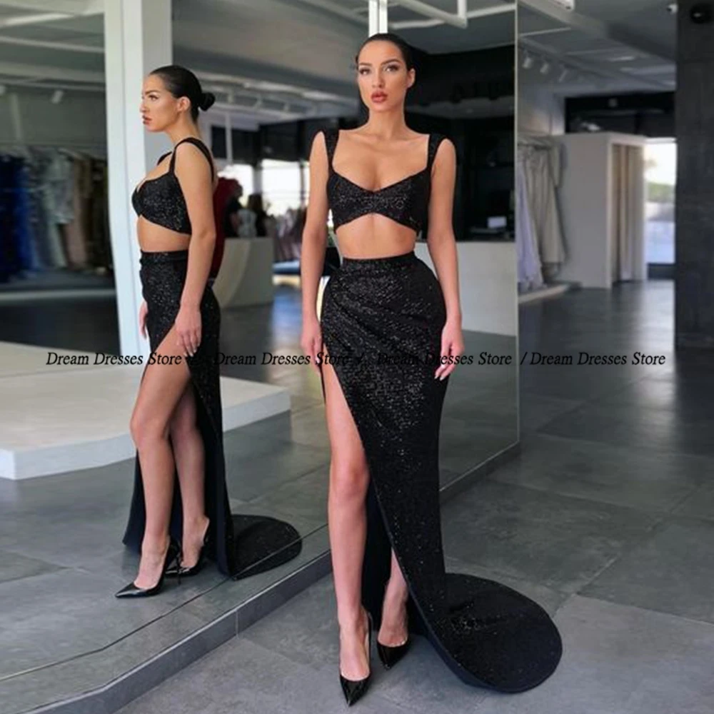Evening Dresses Asymmetrical Spaghetti Strap Black Glitter Strapless Prom Gowns Summer Sleeveless