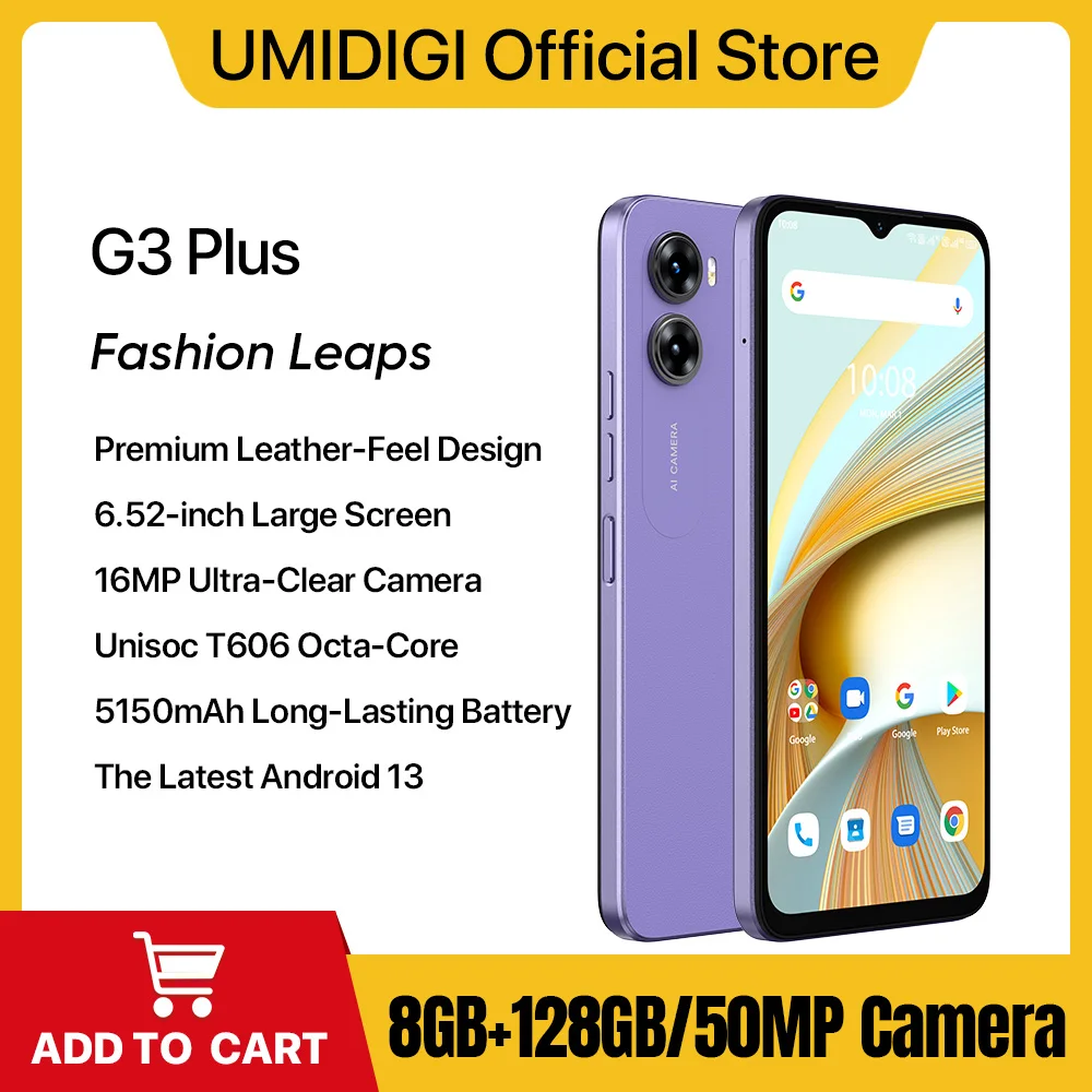 2023 UMIDIGI G3 PLUS Smartphone, Android 13 ,Unisoc T606, 4GB+128GB, 16MP  Camera,5150mAh Battery, Dual SIM 4G mobile Phones