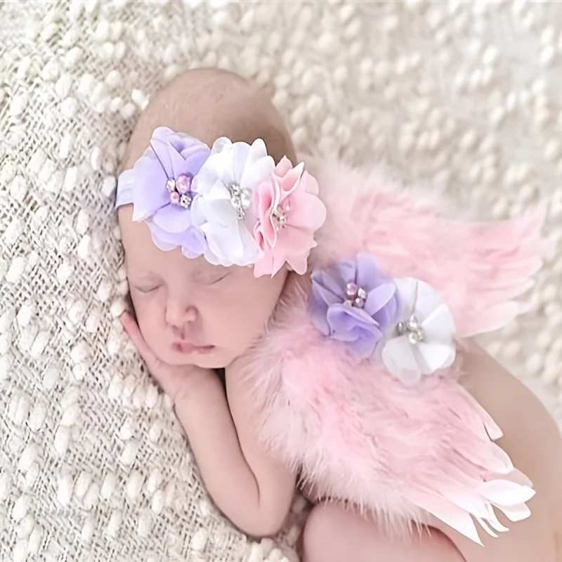 

Newborn Photography Props Handmade Baby Feather Wings Flowers Hairband Outfits Baby Costume