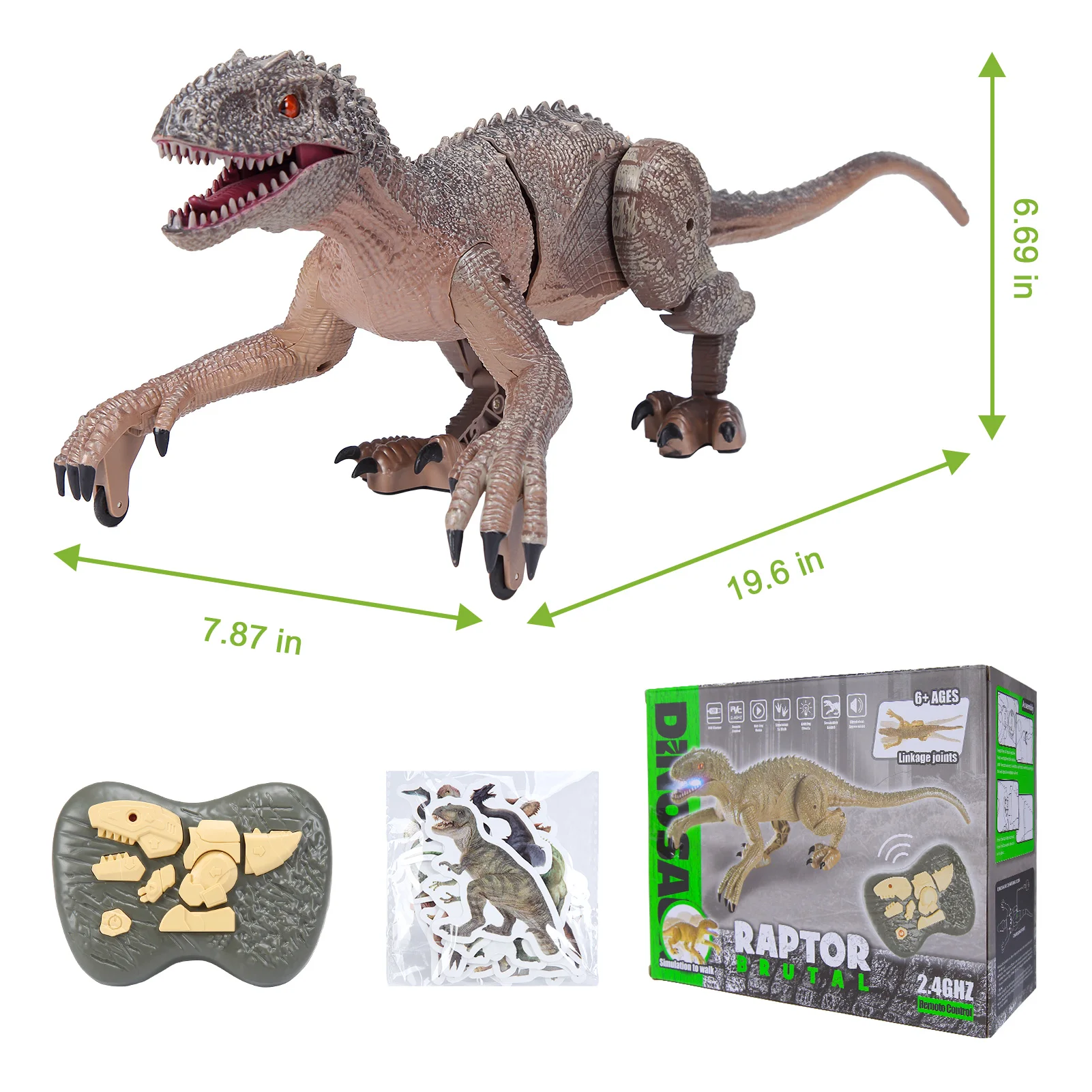 RC Dinosaur, Remote Control Dinosaur, Jurassic Velociraptor Toys with 50 Sheets Dinosaur Stickers, Walking Sounds Mode 4