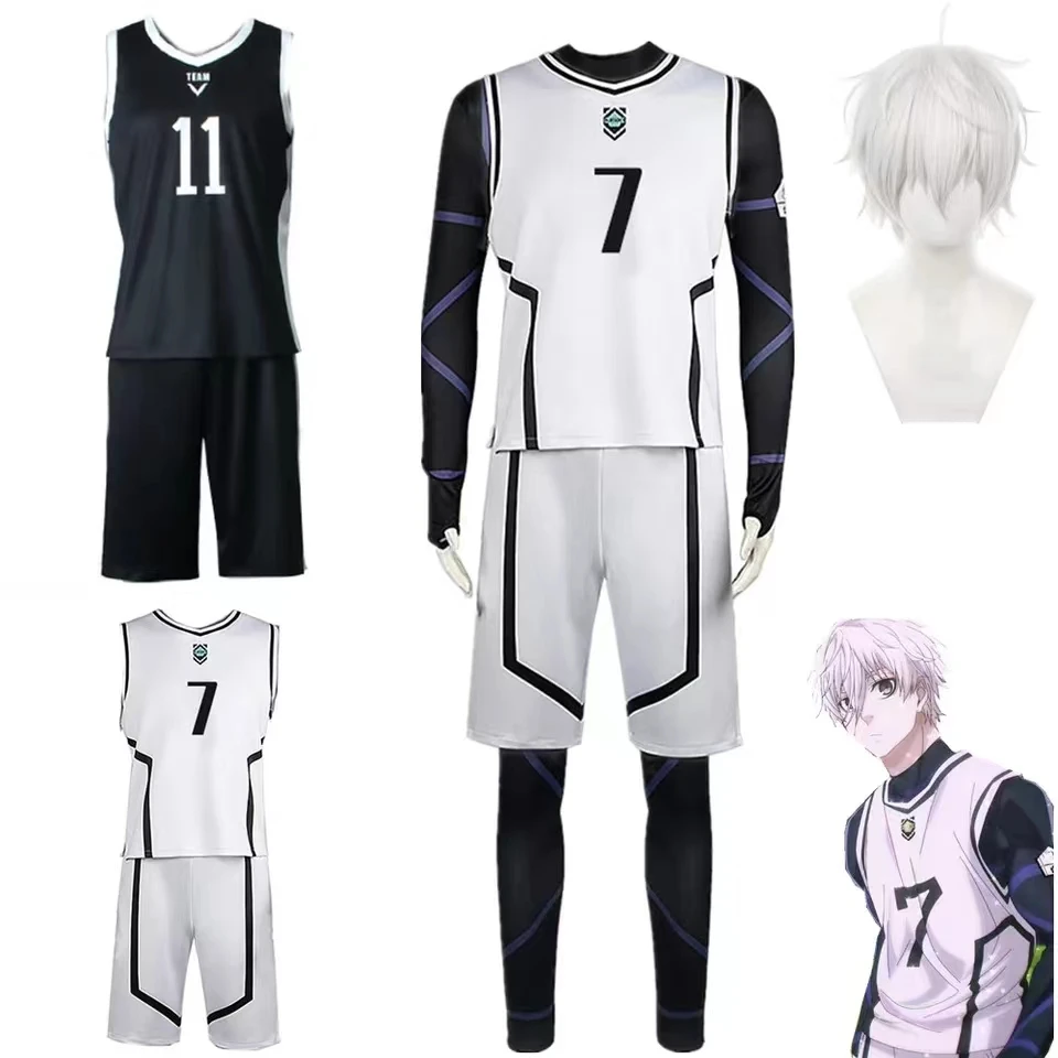 

Anime Blue Lock Bachira Meguru Nagi Seishiro Cosplay Costumes White Jersey Football Jumpsuit Bodysuit Halloween Costumes Wig