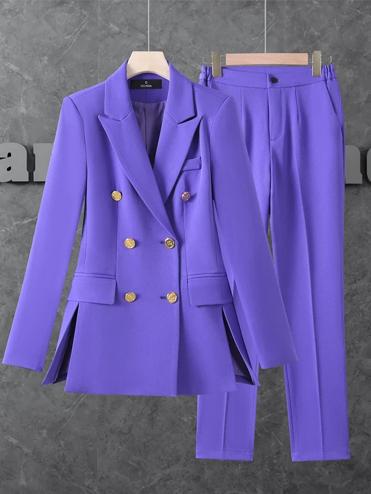 Женский Деловой брючный костюм, элегантный комплект из двух предметов, блейзер и брюки фиолетового и розового цвета с двубортным рядом пуговиц женский деловой повседневный брючный костюм серый клетчатый блейзер с лацканами комплект из двух предметов