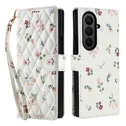 Luxury White Leather Floral Wallet Flip Phone Case with Soft Wrist Strap and Shockproof Protection - Galaxy Z Fold4 (A1)