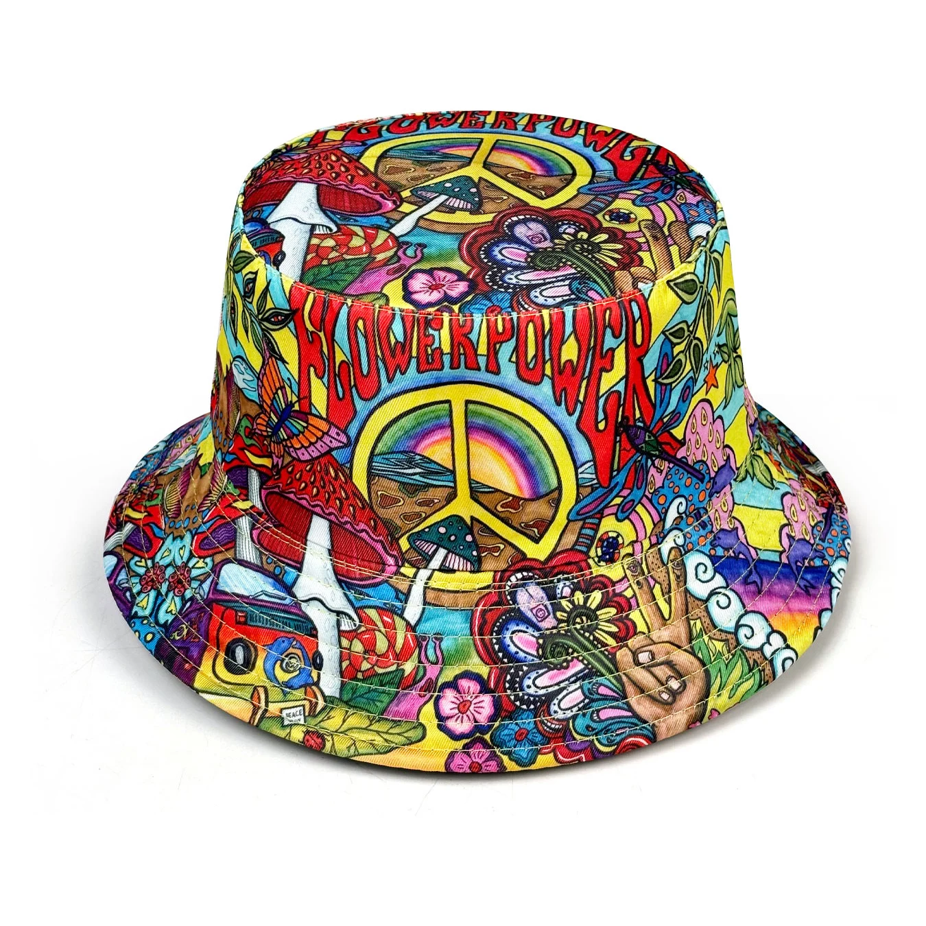 Flowerpower Peace Bike Retro Punk Hippie Fischerhut, beidseitig tragbar, künstlerisches Poster-Design, auffälliger Bucket Hat, beidseitig bedruckter Bucket Hat, Unisex-Modeaccessoire für Outdoor-Sport und Freizeit, geeignet für Festivals, Partys und Abenteuer. – Detail 6