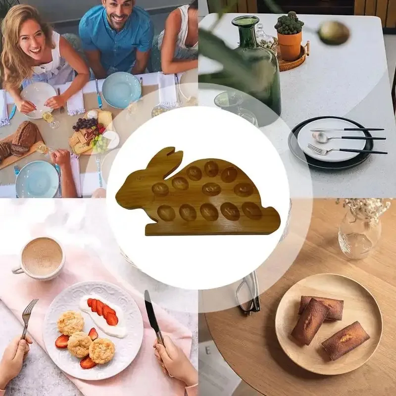 1Pc Wooden Bunny Shaped Egg Tray Egg Storage Holder Double Sided Cake Tray Bunny Shaped Wooden Plate Kitchen Storage Accessories 2
