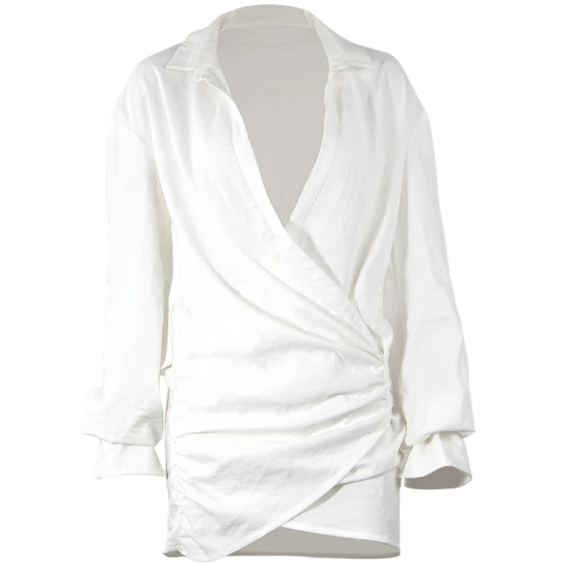 

Women Long Sleeve Lapel Deep V-Neck Mini Shirt Dress Cross Wrap Front Ruched Irregular Hem Linen White Blouse Streetwear P8DB