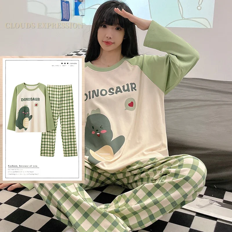 Spring Autumn Knttted Women's Pajamas Sets Teen Funny Pjs Cartoon Dinosaur Sleepwear Homewear Girls Pijamas Mujer Pyjama Fashion