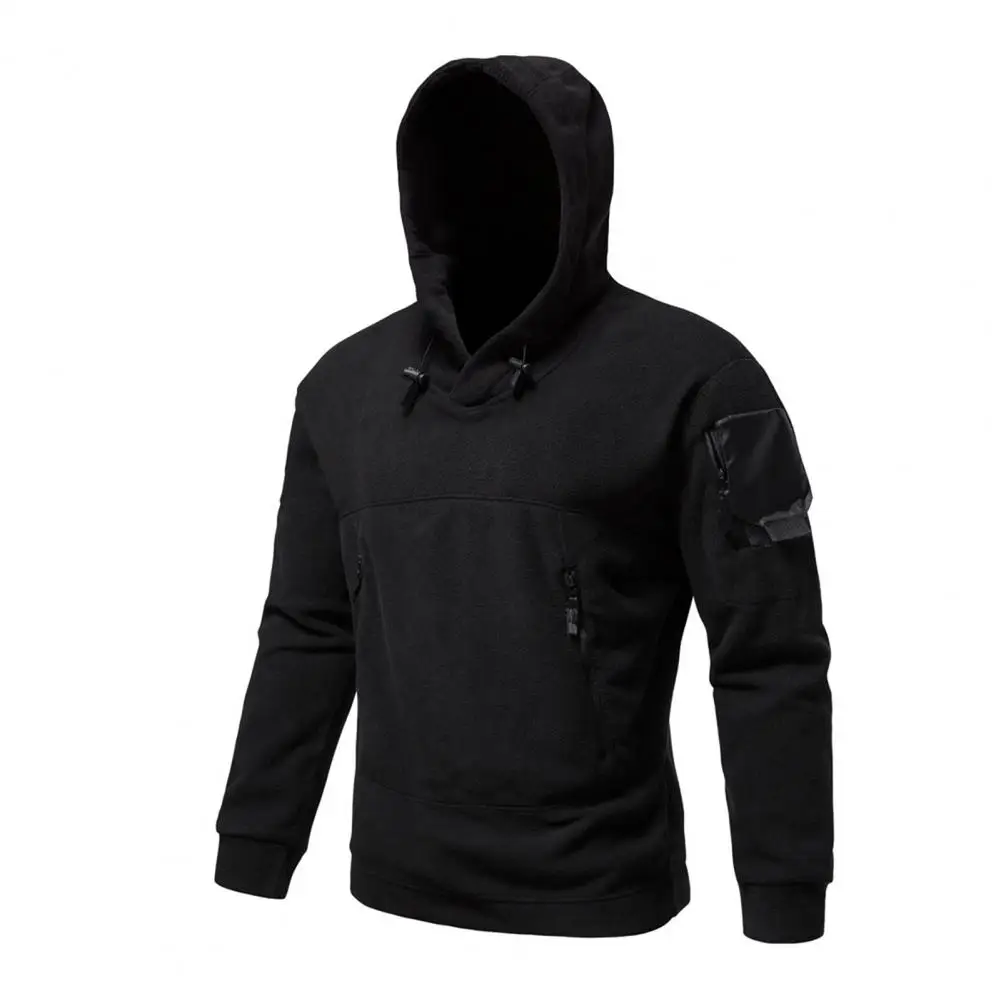 

Trendy Men Hoodie Pockets Stretchy Pullover Sweatshirt Fall Winter Solid Color Velvet Lining Pullover Hoodie