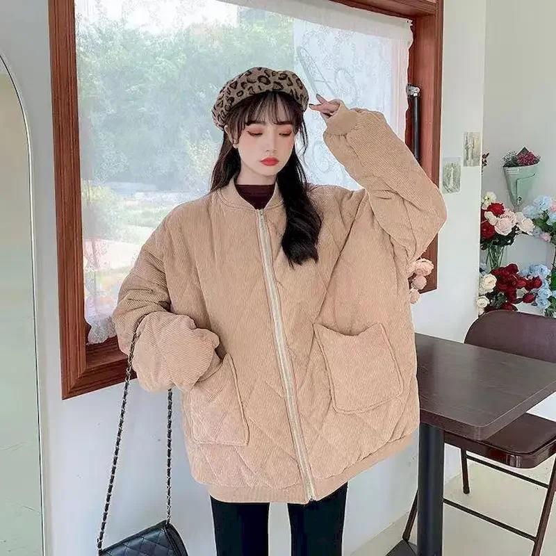 Women Thick Jackets V-neck Puffer Corduroy Parkas High-Quality Warm Vintage Wild Coats New 2023 Autumn Winter Female Overcoat
