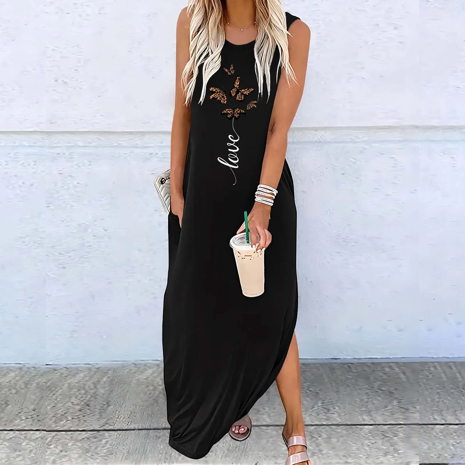 

Dress For Ladies Elegant Causal Sleeveless Maxi Dresses Scoop Neck Printed A Line Asymmetrical Fashion Long Holiday Sundress