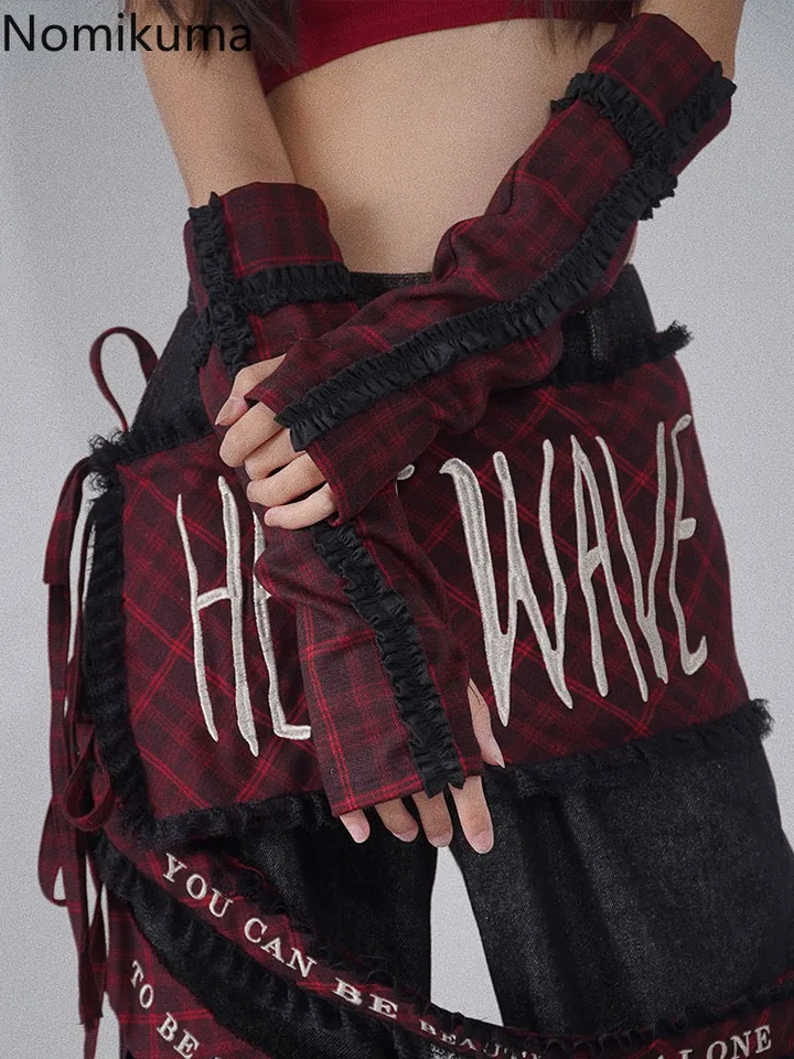 Red Plaid Arm Warmer Streetwear Fashion Casual Oversleeve