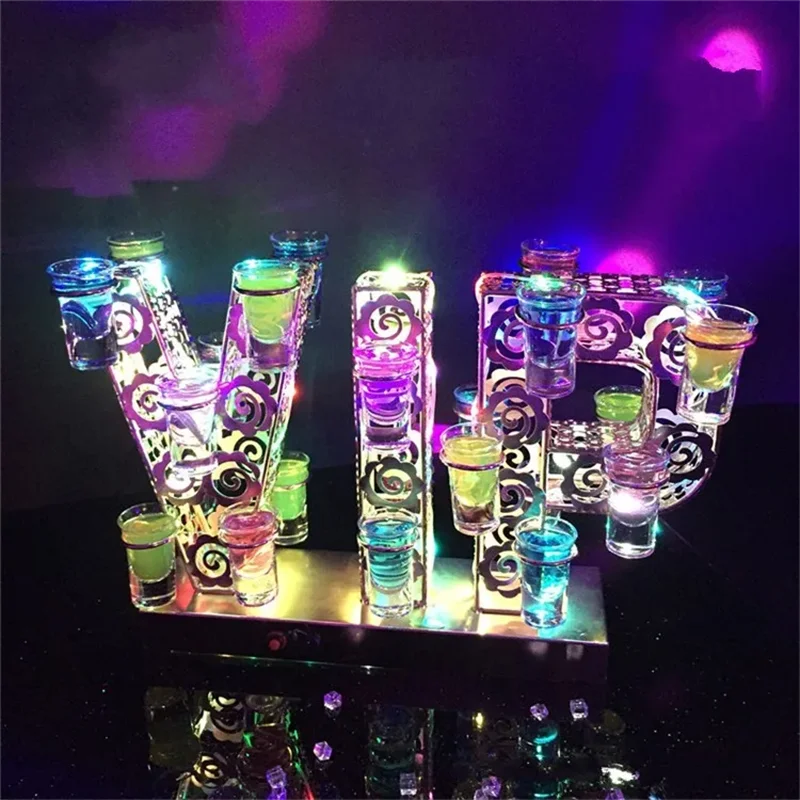 Rechargeable Luminous Light Up VIP Shaped LED Cocktail Tray Wine Glass Cup Holder for Bar Disco Party Decorations Supplies