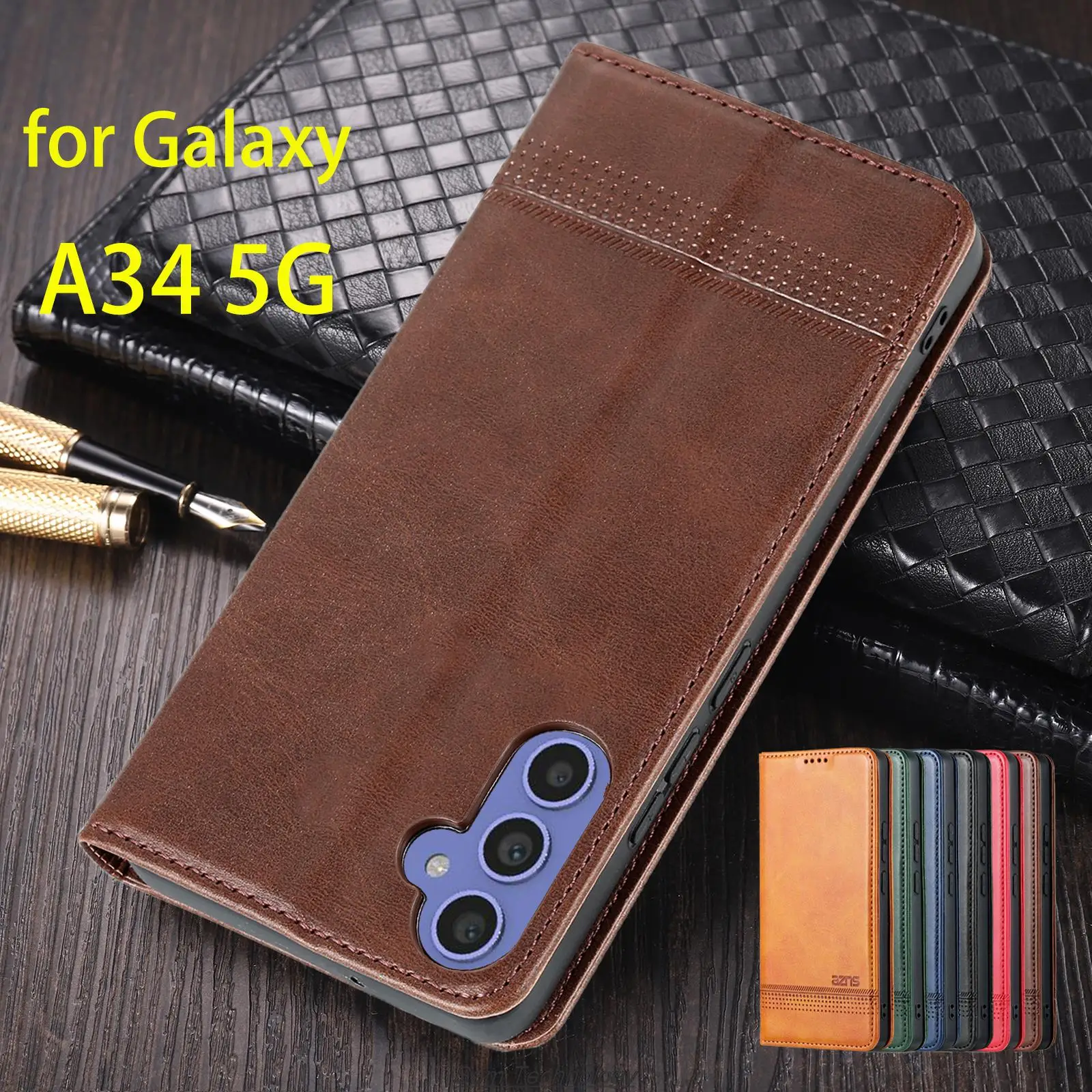 디럭스 마그네틱 흡착 가죽 케이스, 삼성 갤럭시 A34 5G 플립 커버 보호 케이스, Fundas Coque