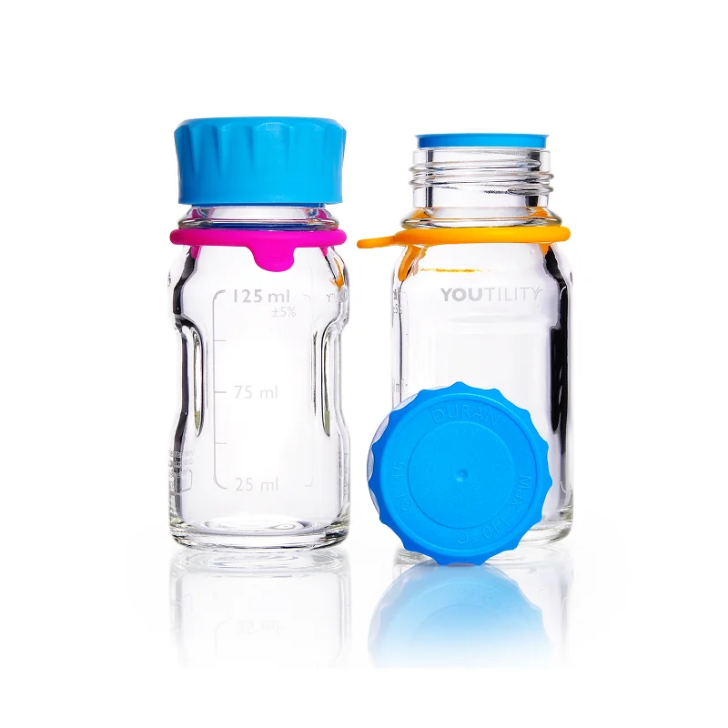 DURAN&reg; YOUTILITY&reg; GL 45 Laboratory Bottle (clear), with screw cap and pouring ring (PP, cyan), with DIN 168-1 thread, graduated