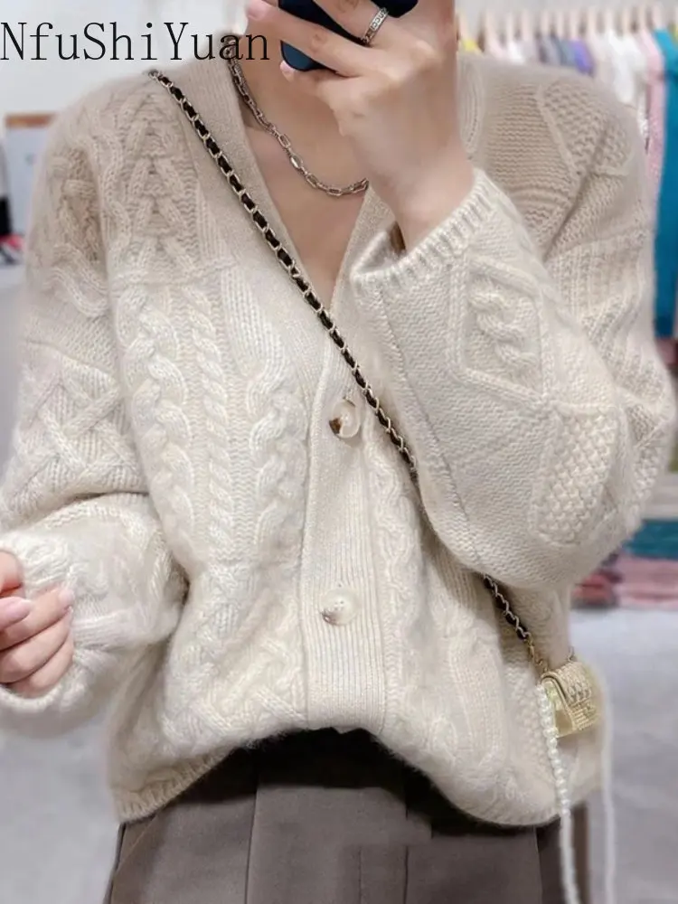 

Женский вязаный кардиган, свободный утепленный свитер с V-образным вырезом, зимняя одежда в Корейском стиле, 2022