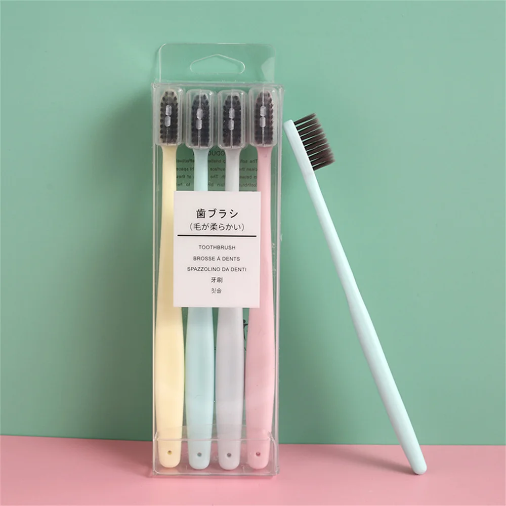 

4 Pcs/Box Macaron Plain Japanese Bamboo Charcoal Adult Soft Hair Toothbrush Lightweight To Help Remove Stains Oral Care Tool