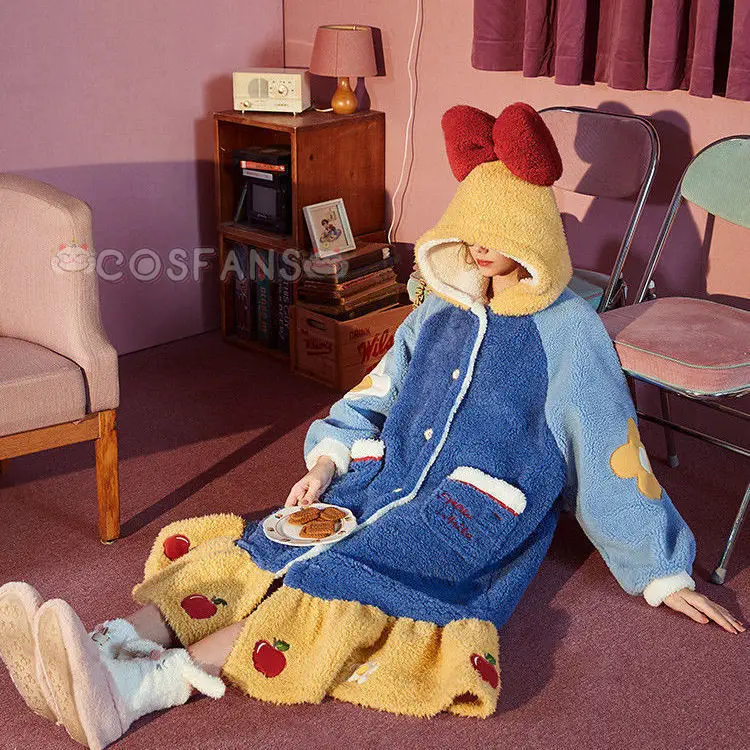Adult Snow White Princess Kigurumi Pajama Set Winter Lady Cosplaly Nightgown Home Suit Hooded Cartoon Nightdress Pijama