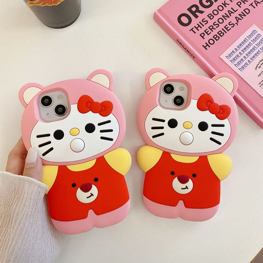 

3D Stereoscopic Kawaii Sanrio Hello Kitty Phone Case for IPhone 15 14 13 12 11 Pro Max Silicone Soft Anti-fall Back Cover Gift