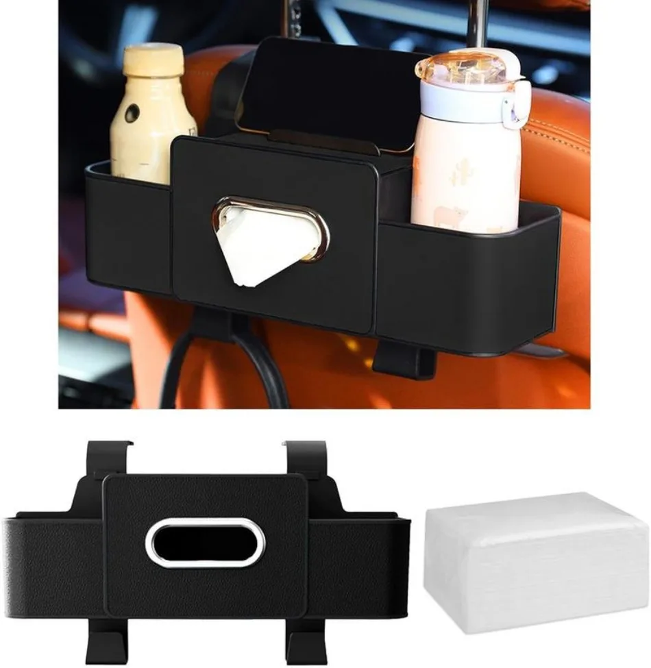 Organizer with tissue box, phone holder, and cup holders