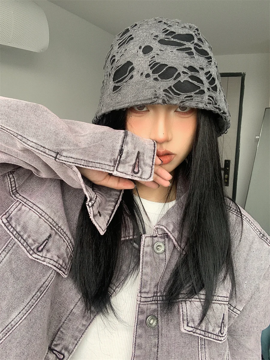 women's-retro-niche-design-wasteland-style-punk-distressed-ripped-bucket-hat-hip-hop-autumn-and-winter-hat-for-men