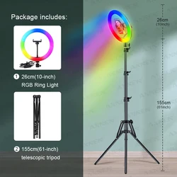 RGB Selfie Ring Light with Telescopic Tripod and Phone Holder - Colorful LED Makeup and Photography Lamp (10inchRGB-155Tripod)