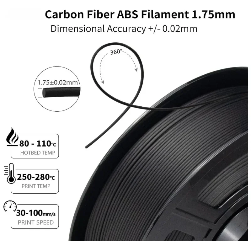 ABS 탄소 섬유 필라멘트, 고강도, 내열성, 경량, ABS-CF 3D 프린터 필라멘트, 1kg/0.25kg 스풀, 블랙, 1.75mm