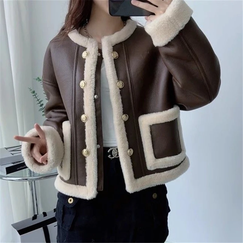 

Autumn and Winter Fashion New Short Round Neck Warm Fur Particle Pure Wool Composite Fur Integrated Coat Women's Trend