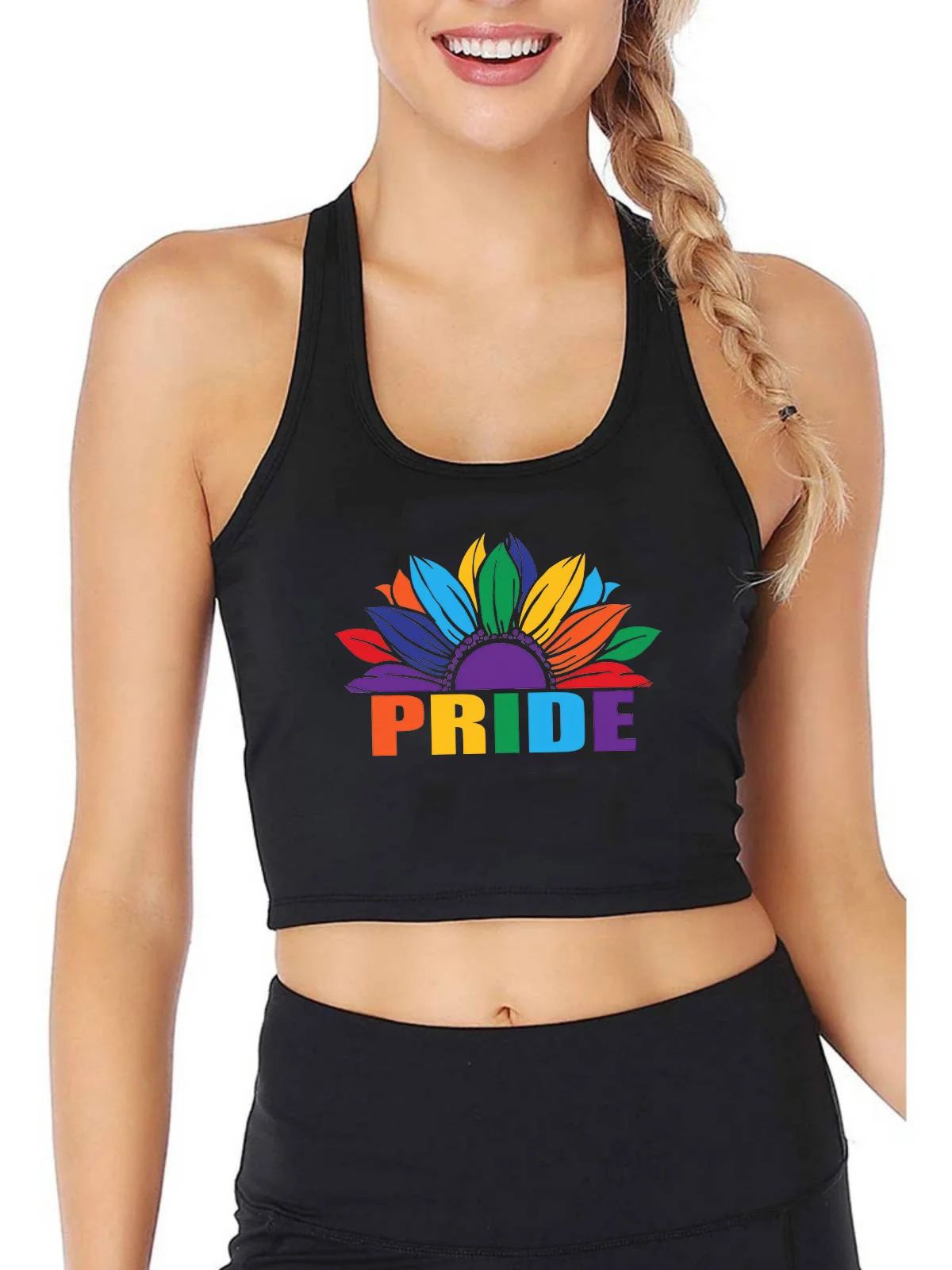 

Приталенный кроп-топ Pride Rainbow Sunflower с графическим дизайном, спортивные майки из лгбт-хлопка, настраиваемый топ для девушек