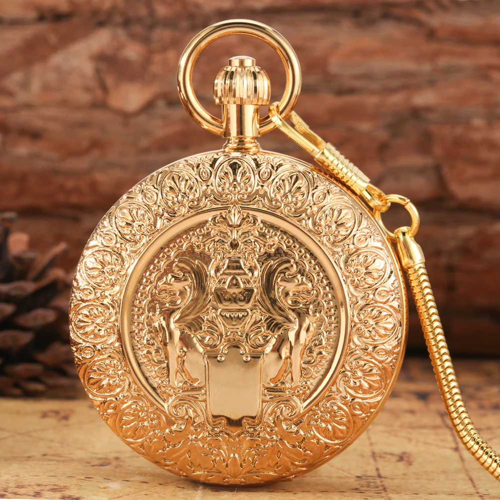 機械式ポケット腕時計高級ゴールドダブルシェルデジタルダイヤル芸術的な彫刻が施された女性へのギフト