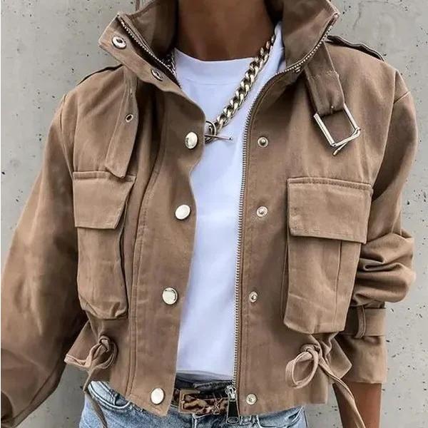 

2022 New Fashion Jacket Spring Autumn Women's Casual Drawstring Turn Down Collar Full Sleeve All Match Short Coat with Pockets