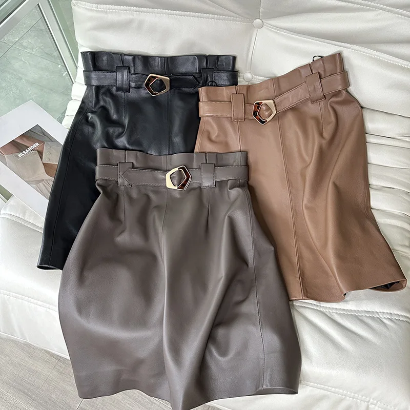 Brand New 2023 Autumn Winter Chic Women High Quality Genuine Leather High-rise Belt Skirt B801 autumn and winter women s set 2023 korean edition high rise shirt high waist pants western style age reducing two piece set