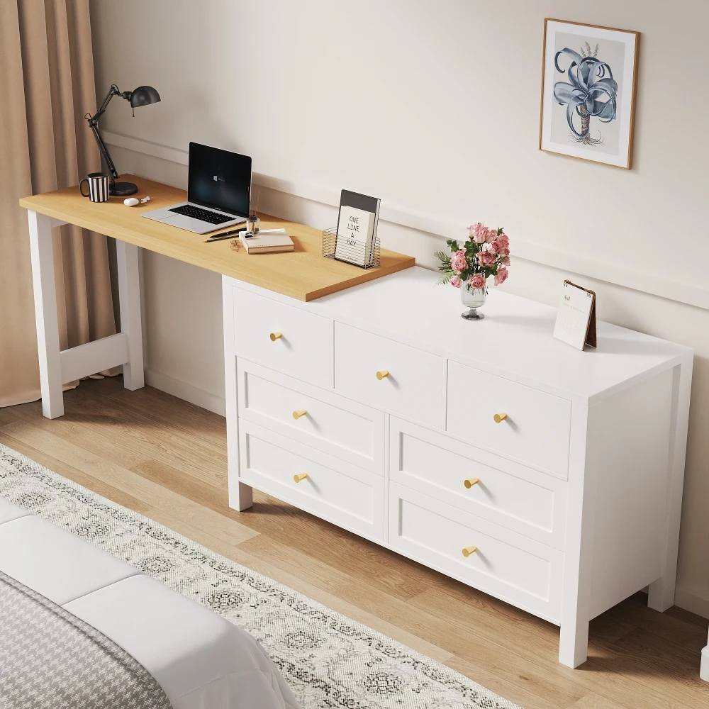 PINGGO 7-Schubladen 2-in-1 Drehbarer Schreibtisch in Eichenoptik 360° ° Drehbarer Tischplatten-Aufsatz Weiß Naturfarben L-förmiger Eckschreibtisch Frisiertisch 1 – Detail 3