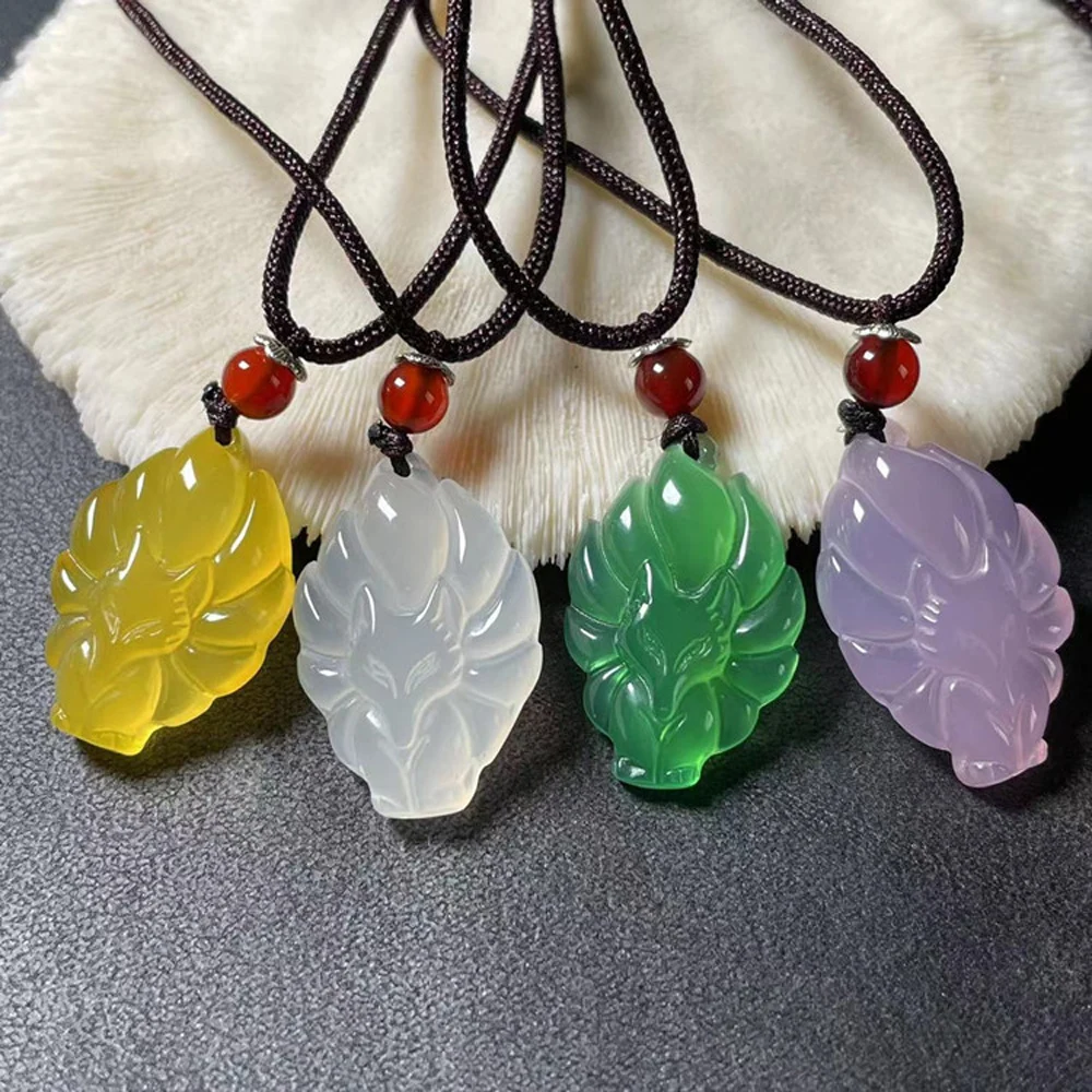 

Fashion Nine-tailed Fox Pendant Natural Green Chalcedony Hand-carved Boutique Jewelry Men and Women Green Agate Fox Necklace