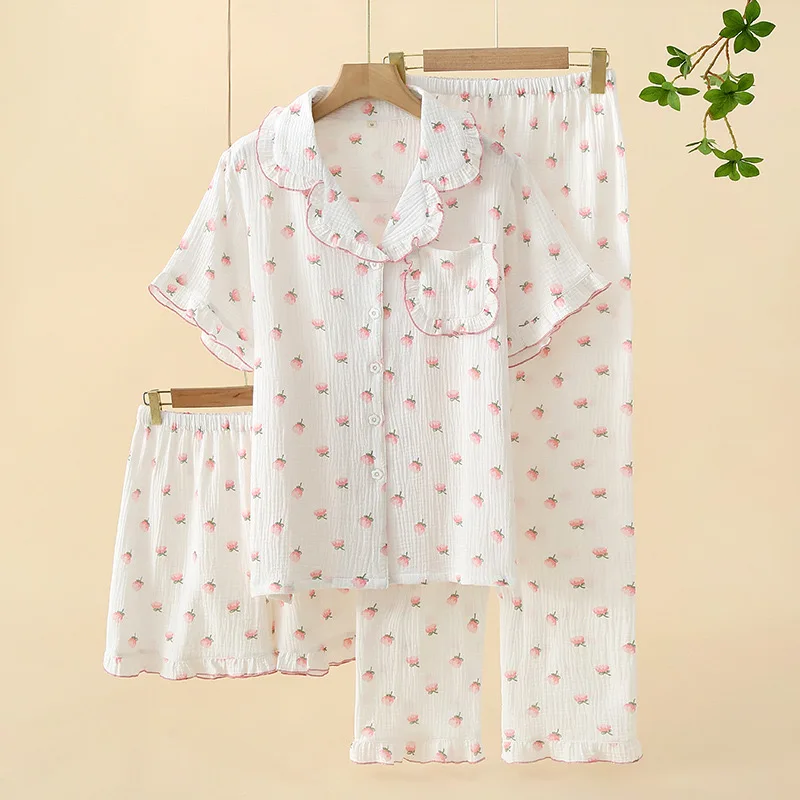 Summer Women's 3-Piece 100% Gauze Cotton Pajama Set - Short-Sleeved Top, Long Pants & Shorts