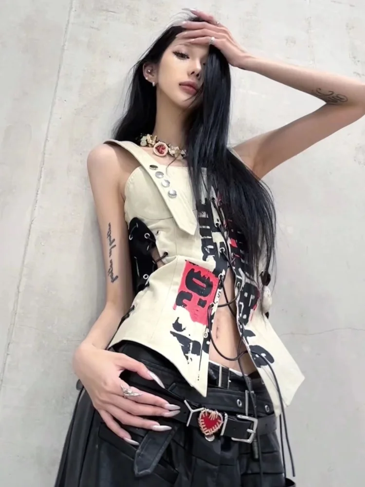 

Hikigawa Vintage Y2k Bandage Letter Print Tank Top Women Sleeveless Sexy Casual Camisole Streetwear Chic Fashion Crop Tops Mujer