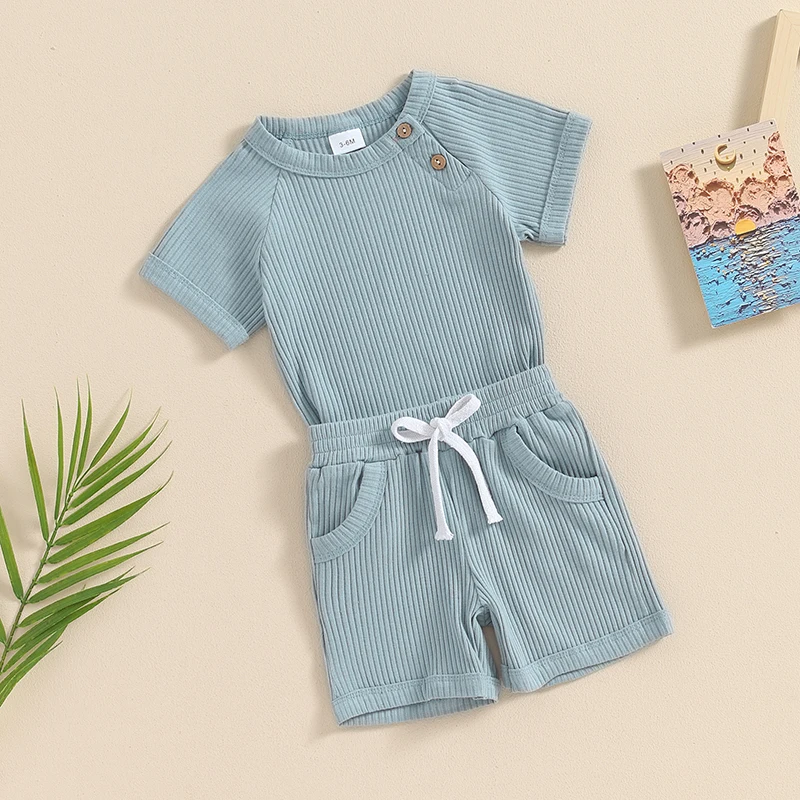

Baby Boys Summer Outfits Solid Color Short Sleeves T-Shirt and Elastic Shorts for 2 Piece Vacation Clothes Set
