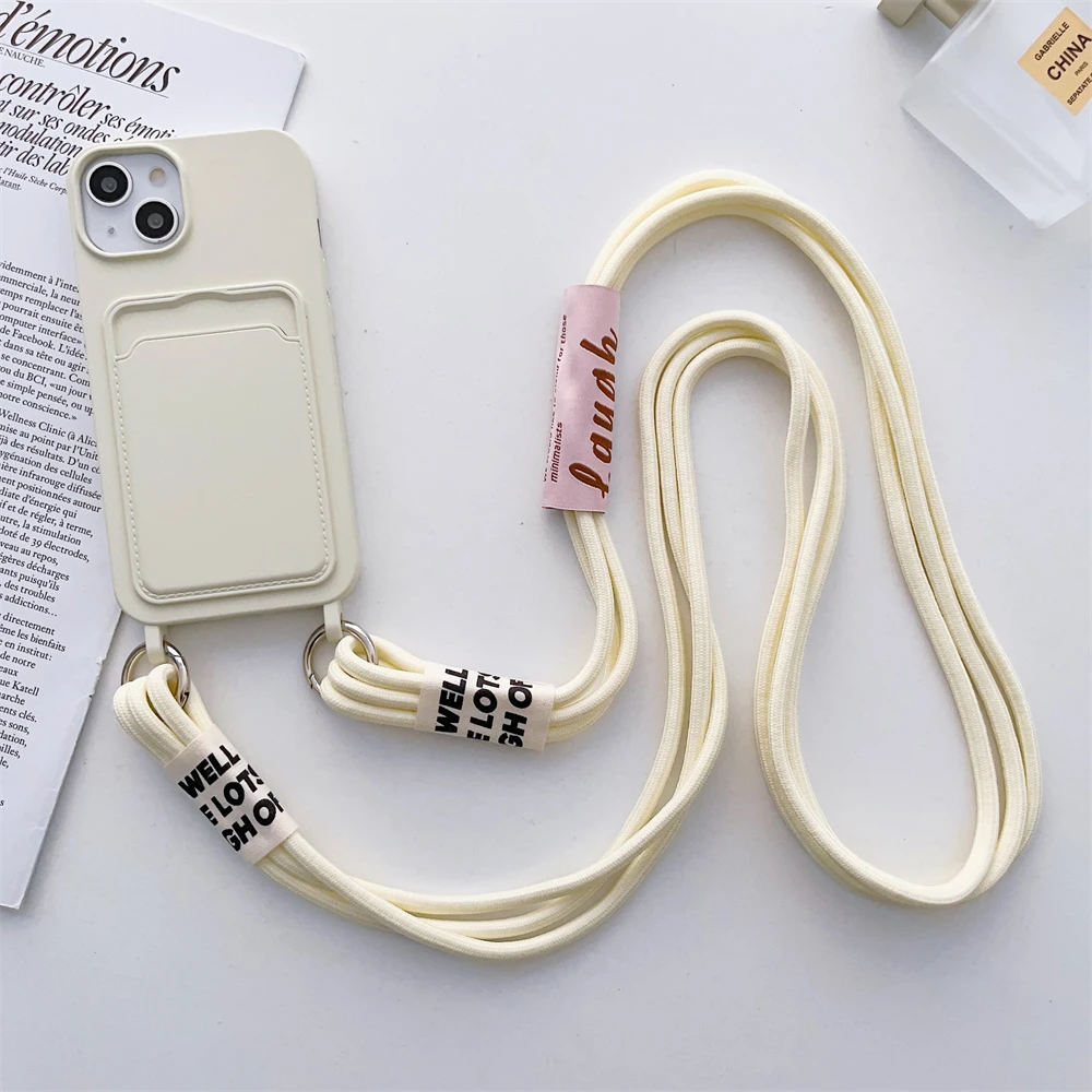 Lanyard Strap Card Holder Candy Soft Silicone Phone Case For iPhone 15 14 13 12 11 Pro Max Mini X XS XR 8 7 Plus SE Wallet Cover