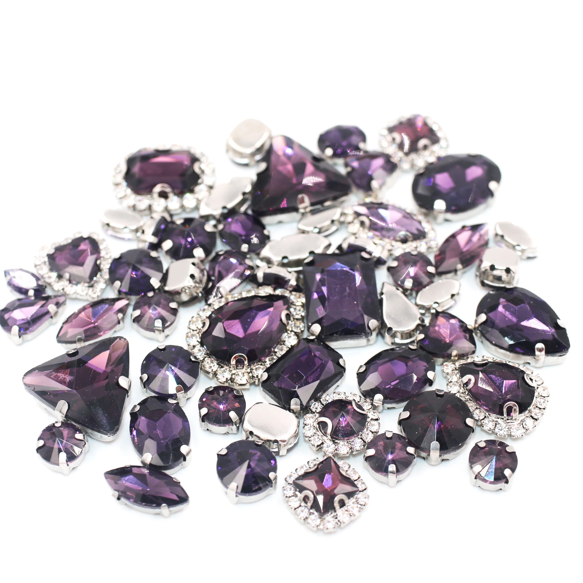 

New Fashion Deep Purple Crystal Glass 50pcs Mixed Size Shape Sew-on Rhinestones with Silver Claw DIY Crafts Decoration Jewelry