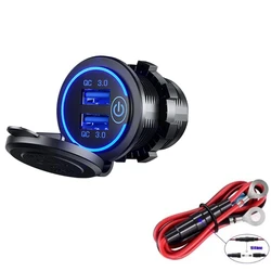 Dual USB Fast Car Charger with Touch Switch & LED Light - Waterproof QC 3.0 Power Outlet - Blue with Wire