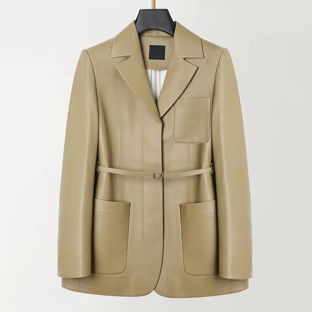 

Новинка Весна 2022, дизайнерские кожаные блейзеры в офисном стиле, куртки высокого качества из натуральной овечьей кожи с поясом B766