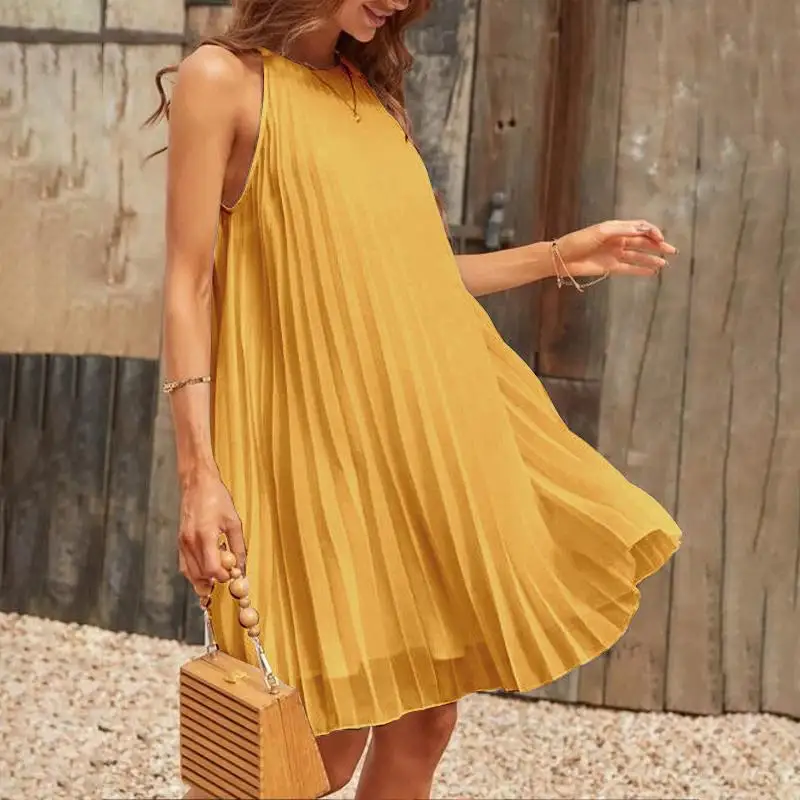 2024 Sexy Straps Mini Sundress Celmia Women Sleeveless Pleated Dress Party Summer Casual Loose O Neck Short Robes Oversize Dress