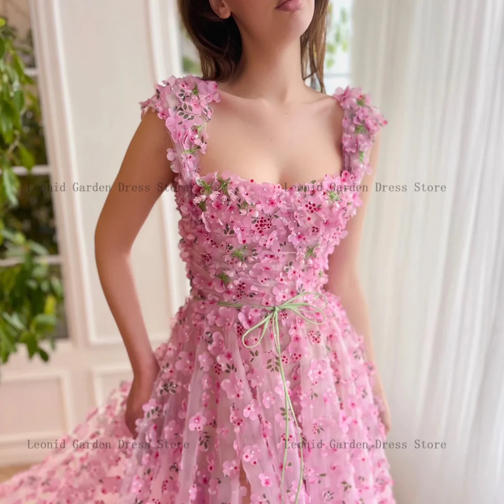 Flowers Pink Prom Dresses Square Neck Sleeveless Tulle Party Gowns A-Line Evening Dress Front Slit