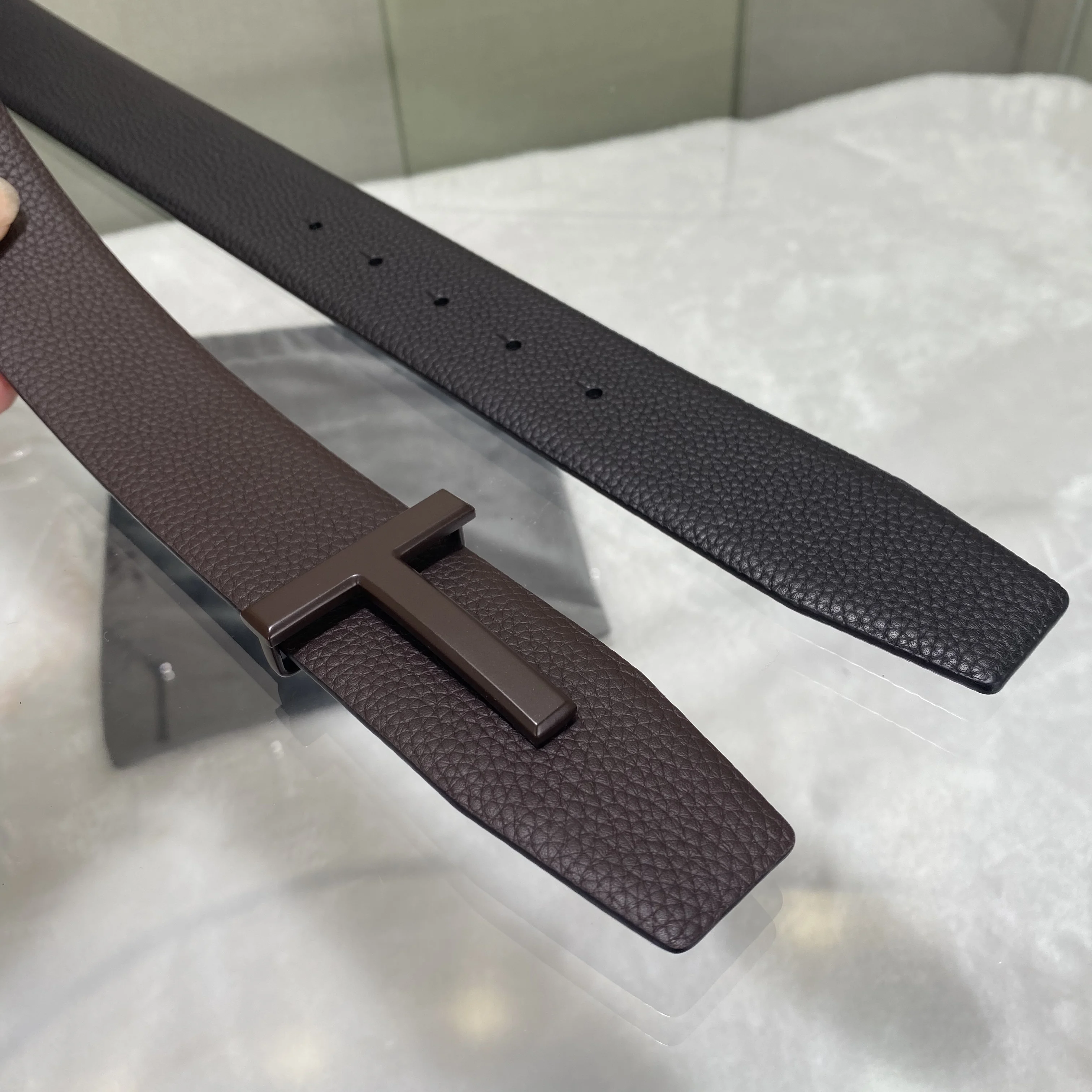 Double-Sided Leather Belt with Letter Buckle T-Shaped Men's Fashionable Genuine Leather Belt Stylish Men's Belt Workwear