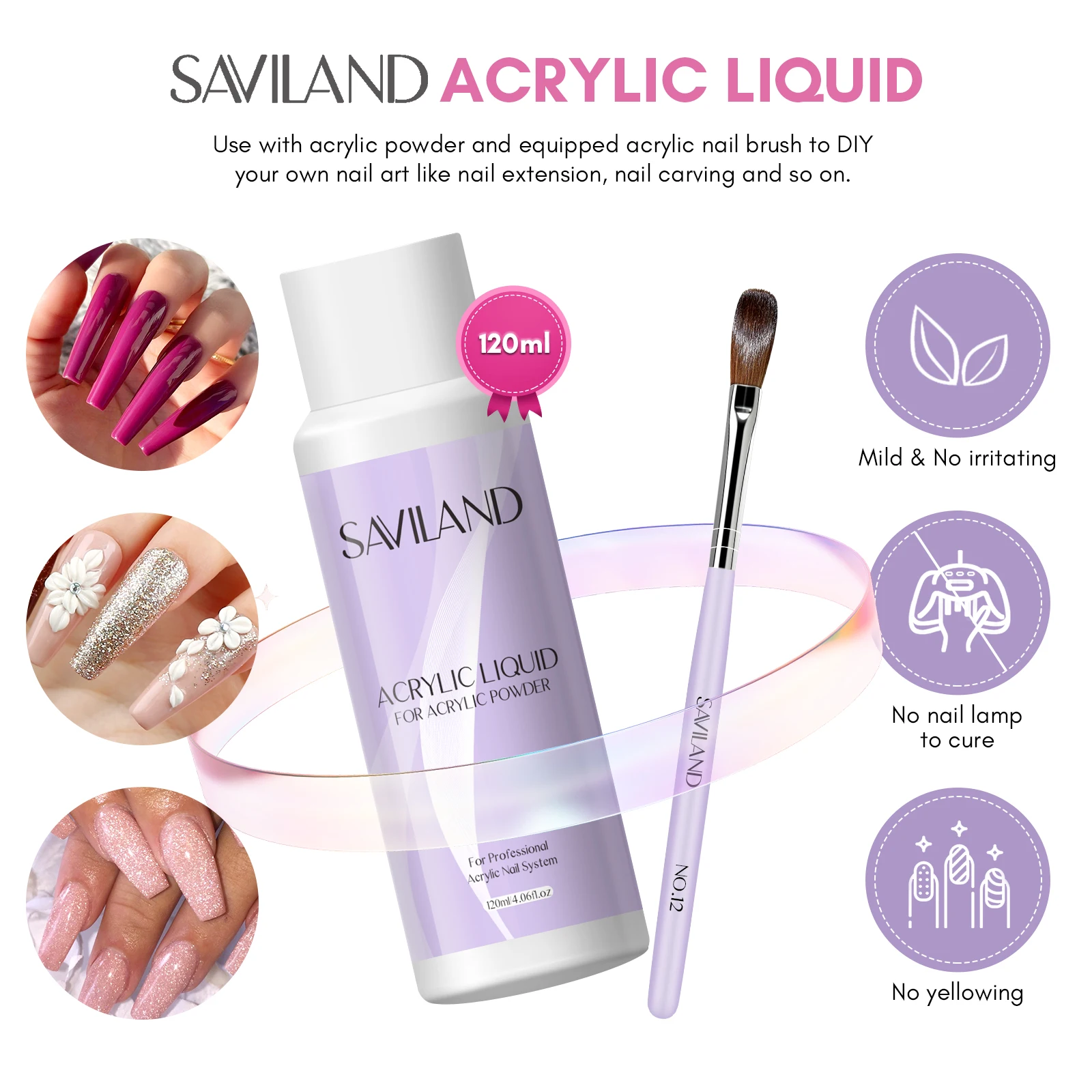 Saviland 120ML Monomer Acrylic Nail Liquid with Dehydrator and Non-acid PH Bond for Acrylic Powder Nails Extension Nail Brush 3