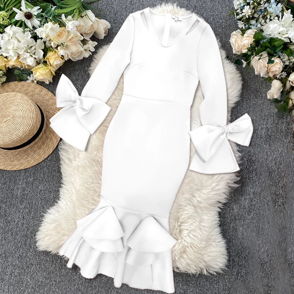 Plus Size Women Party Dress Ruffle Bow Elegant Dresses Lady Fashion Robe 2022 Autumn Casual Outfit Female Birthday New Outerwear