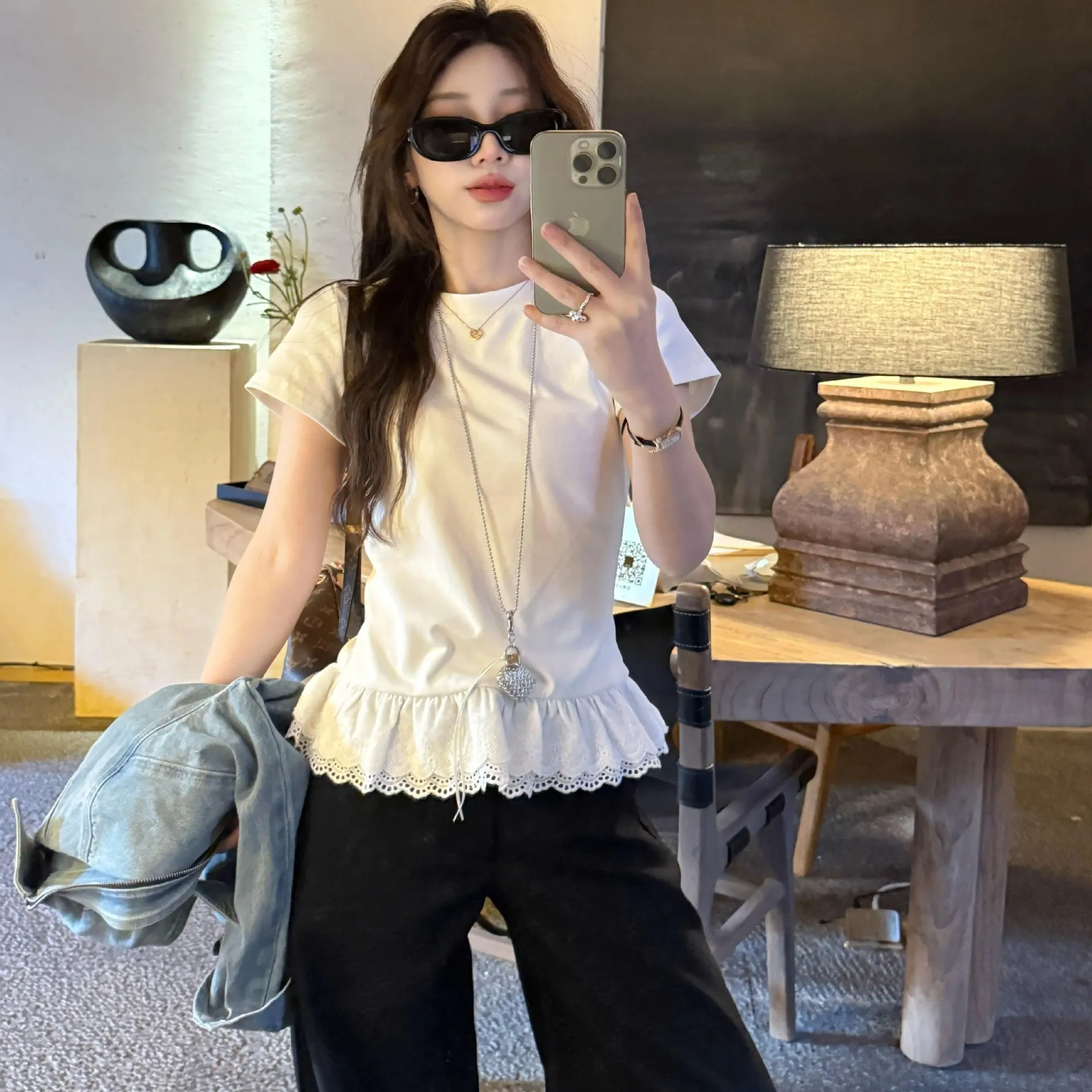 Summer Short Sleeve Lace Patchwork Tshirt for Women