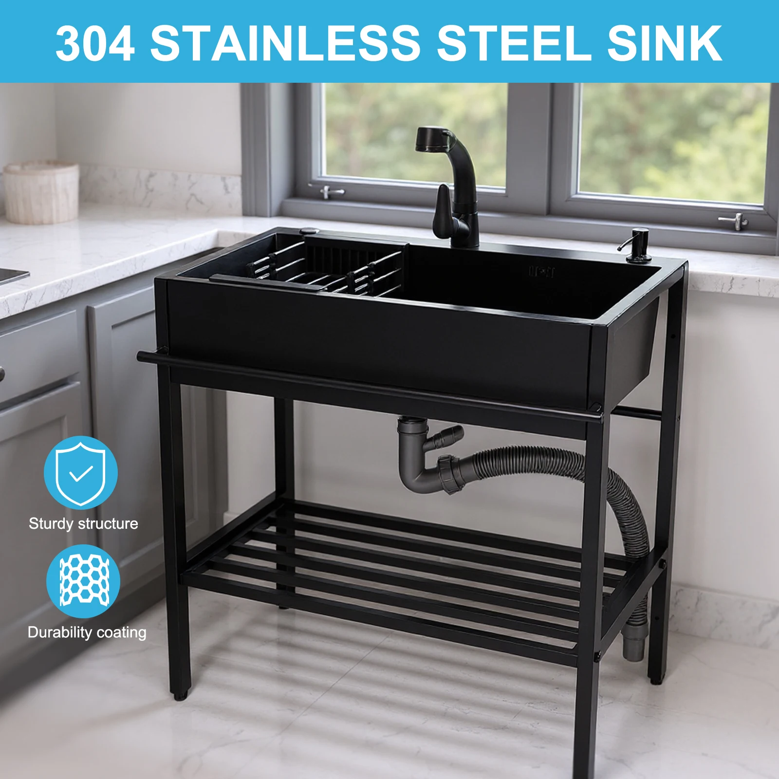 Utility Sink with Cold & Hot Water Faucet Hoses and Drain Kit Stainless Steel Sink Laundry Sink for Kitchens Laundry Room Garage