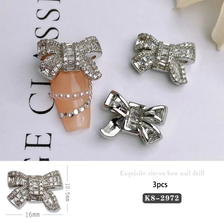 3PCS 새로운 네일 아트 진주 보석 실버 지르콘 Bowknot 금색과 은색 나비 체인 펜던트 네일 장식